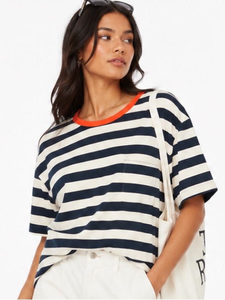 Old Navy White Navy Orange Stripe Cotton Boyfriend T-Shirt Large Nwt